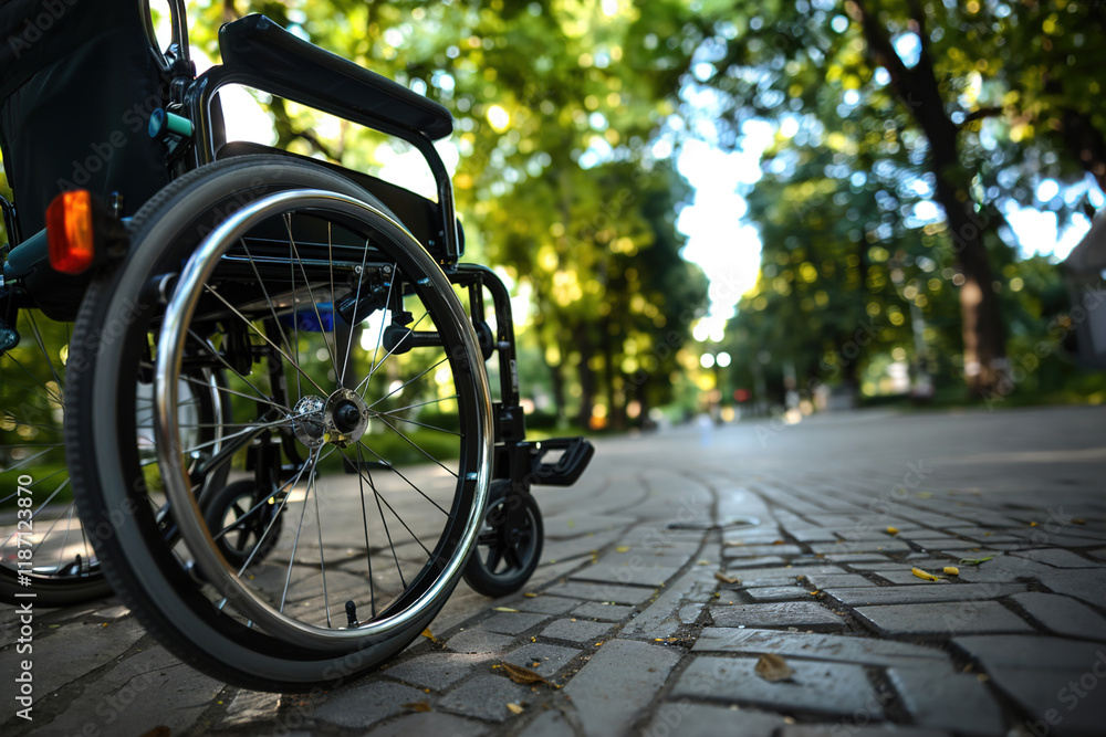 Fototapeta premium Empty wheelchair on dirt path in lush forest, sunlight filtering through dense foliage