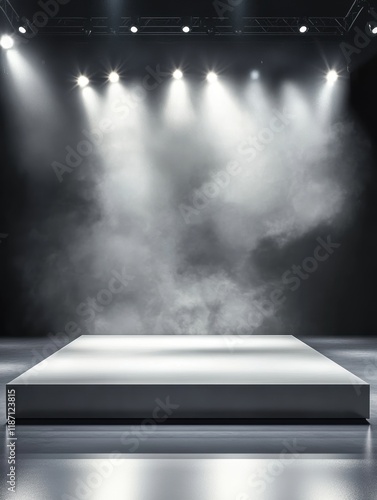 Empty Stage Under Spotlight: A dramatic and minimalist backdrop with a spotlight illuminating a bare stage, ready for your product or presentation. photo