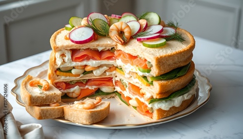 Smörgåstårta – Swedish Savory Sandwich Cake with Seafood and Fresh Garnishes photo