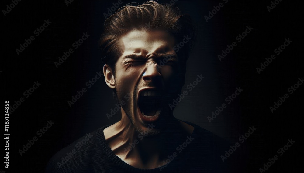 Fototapeta premium Intense close-up portrait, mature man screaming, dramatic lighting, dark background, high contrast, detailed facial features, strong emotion, beard stubble, veins visible, ultra-realistic, extreme det
