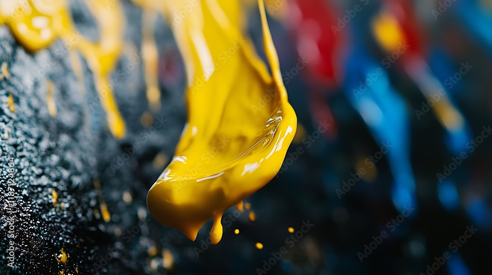 Fototapeta premium Yellow paint splash, dripping, vibrant colors.