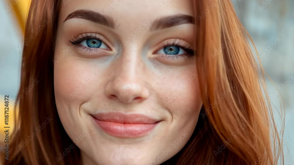 Brightly smiling redhead woman glances warmly in urban setting closeup Brightly smiling redhead woman glances warmly in urban setting closeup