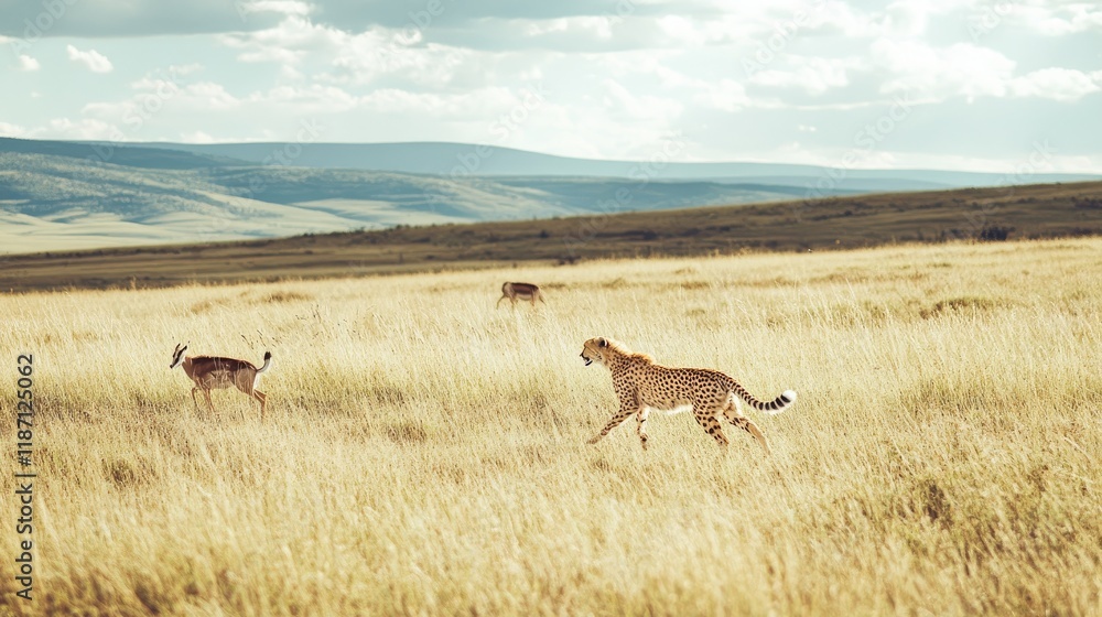 Cheetah Hunting Antelope in African Savanna Grassland Cheetah Hunting Antelope in African Savanna Grassland
