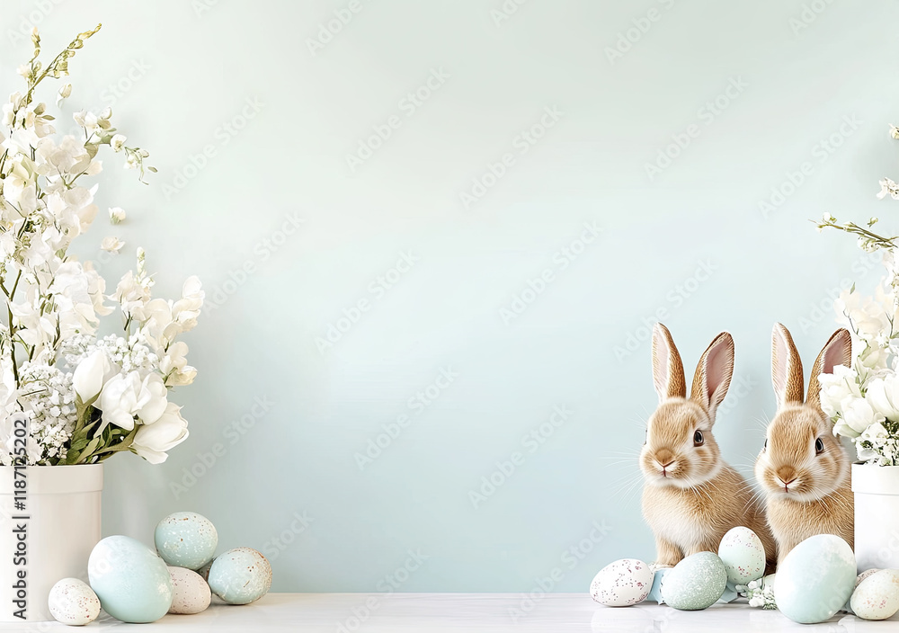 Oster-Illustration mit Textfreiraum – Zarte Frühlingsdesigns mit Eiern, Blumen und Häschen