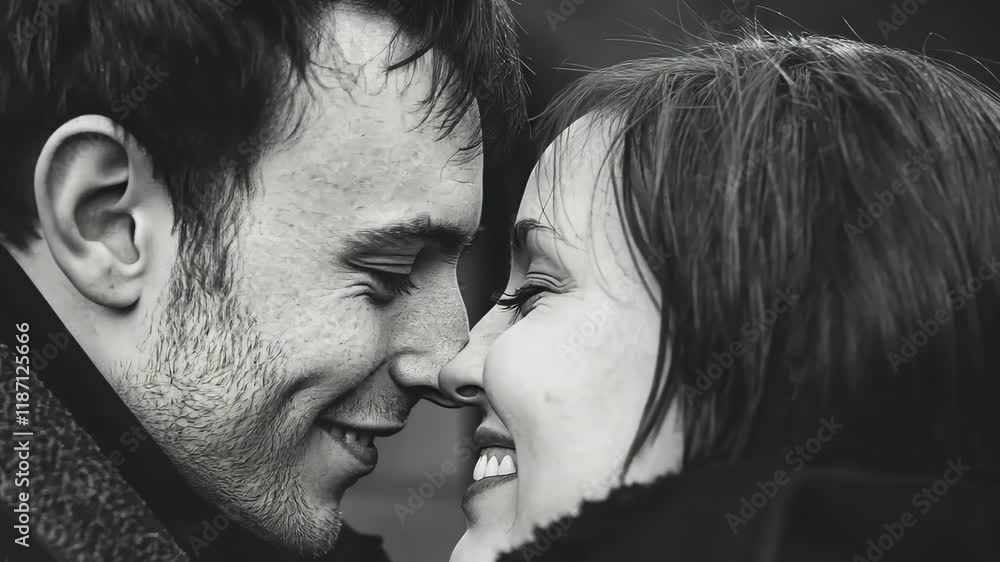 Romantic closeup sequence of smiling couple embracing in black and white Romantic closeup sequence of smiling couple embracing in black and white