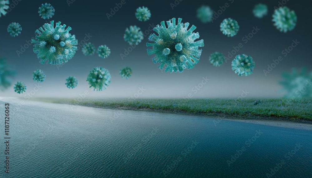 An image highlighting how virus particles spread through air currents, visualizing wind movement An image highlighting how virus particles spread through air currents, visualizing wind movement