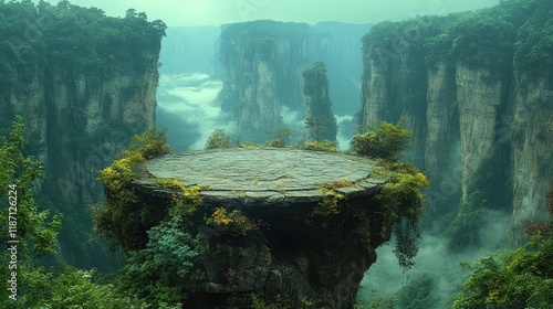 Misty mountaintop platform with lush vegetation, overlooking a dramatic valley.