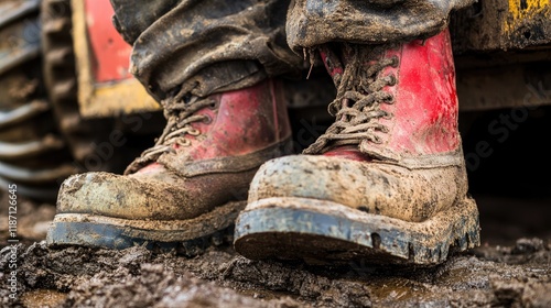 Mud Covered Boots Near Heavy Machinery photo