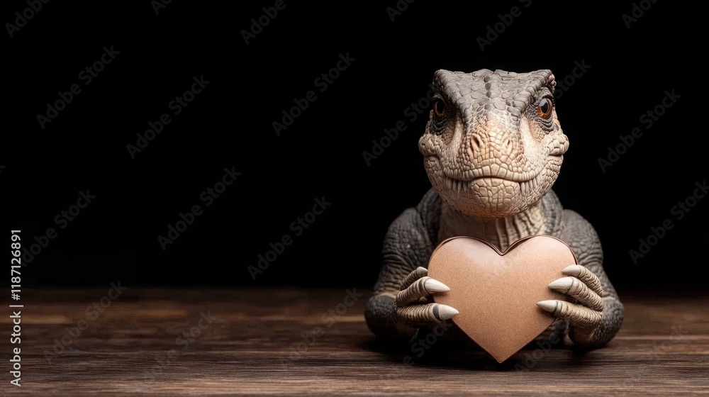 A Cute Dinosaur Figure Holding a Heart-Shaped Card in Its Claws Against a Dark Background, Perfect for Illustrating Themes of Love, Friendship, and Affection A Cute Dinosaur Figure Holding a Heart-Shaped Card in Its Claws Against a Dark Background, Perfect for Illustrating Themes of Love, Friendship, and Affection