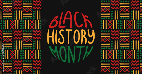 Black history month simple banner. Ethnic pattern with lettering. African-American Independence Day Background. Holiday template for card, poster. Vector flat illustration.