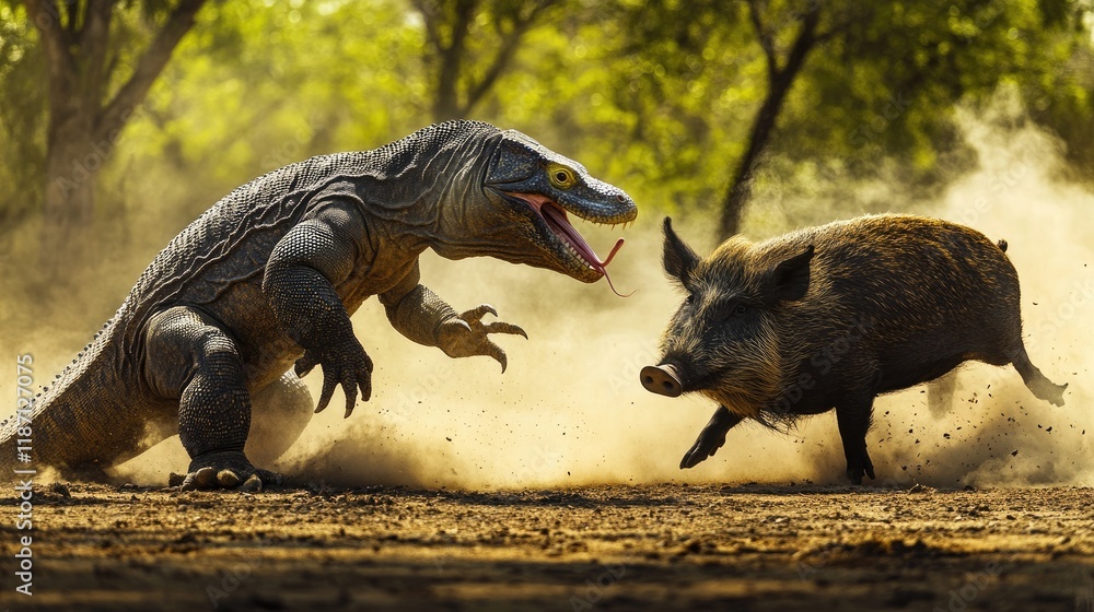 Komodo Dragon Confronting Wild Boar In Dusty Habitat Komodo Dragon Confronting Wild Boar In Dusty Habitat