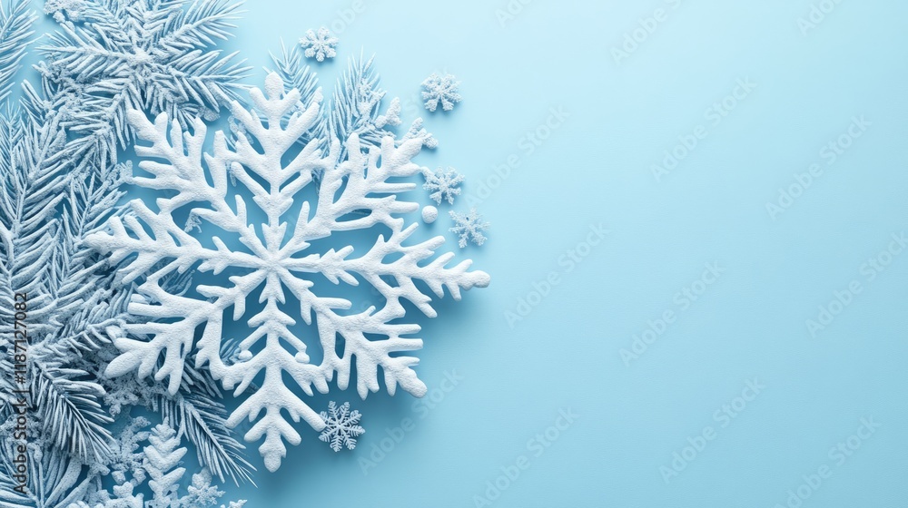 White snowflakes and frosted pine branches on blue White snowflakes and frosted pine branches on blue
