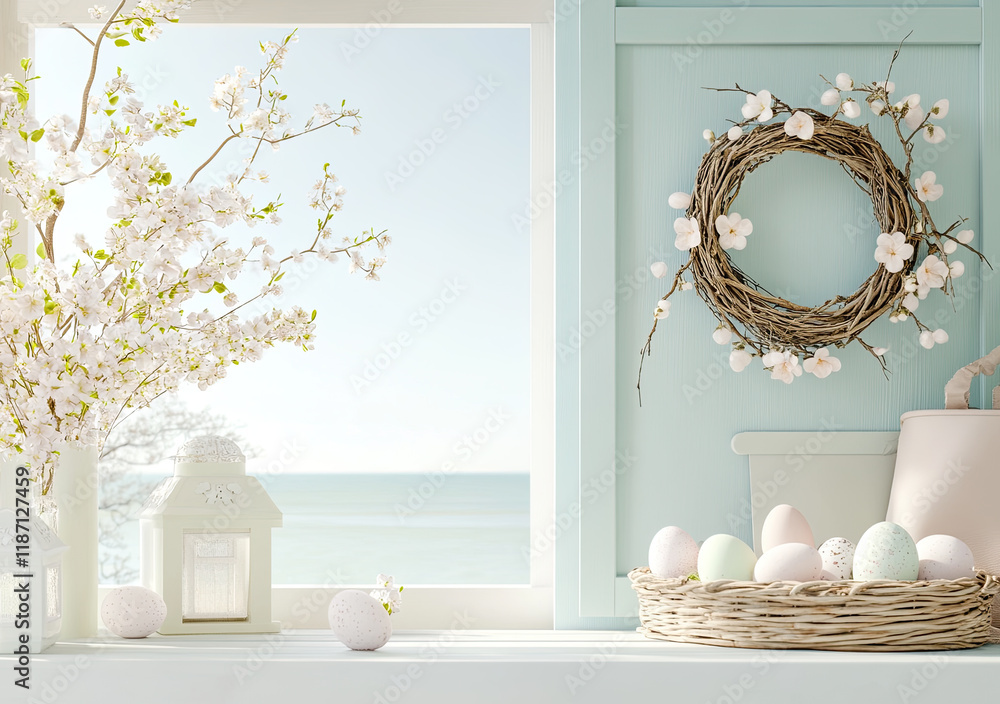 Oster-Illustration mit Textfreiraum – Zarte Frühlingsdesigns mit Eiern und Blumen