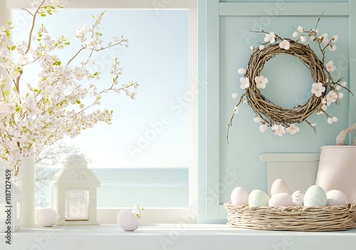 Obraz na płótnie Oster-Illustration mit Textfreiraum – Zarte Frühlingsdesigns mit Eiern und Blumen w salonie