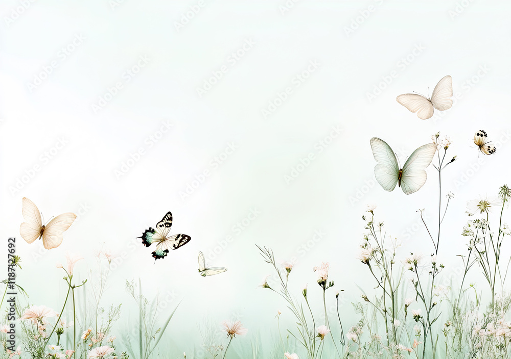 Frühlingshafte Schmetterlings-Illustration – Zarte Wiese mit Schmetterlingen und Textfreiraum