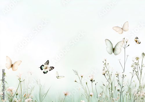 Obraz na płótnie Frühlingshafte Schmetterlings-Illustration – Zarte Wiese mit Schmetterlingen und Textfreiraum