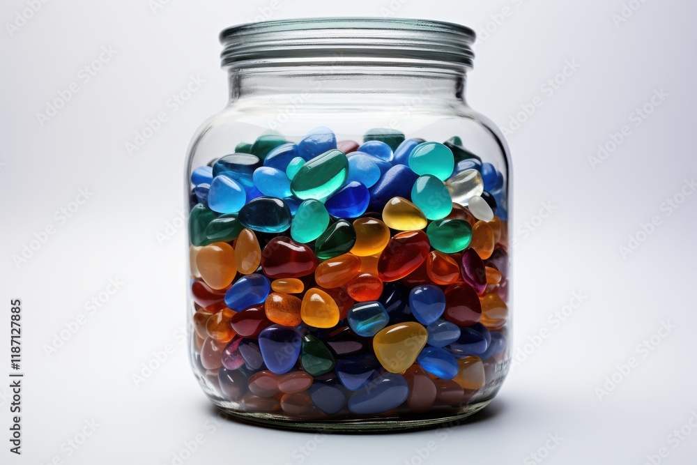 Colorful glass pebbles arranged inside a transparent jar reflecting natural light in a bright setting