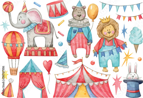 Watercolor hand painted Circus set. Illustration isolated on white background. Elephant, bear, lion, confetti, marquee, hat, awning, air ballon. Use it for postcards, invitations, and scrapbooking.