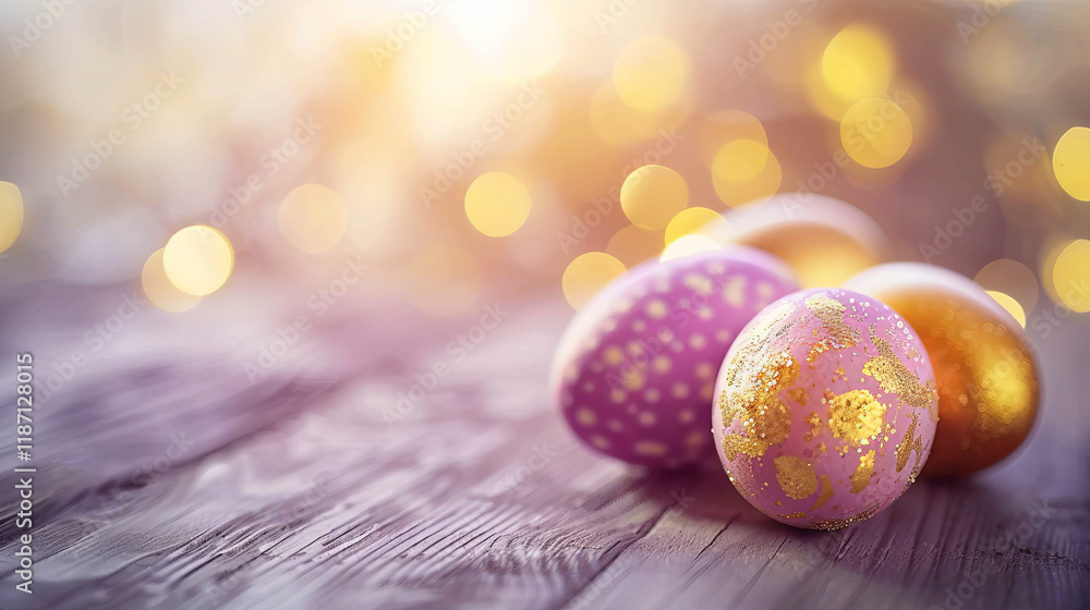 Fototapeta premium Wooden table with four eggs on it, two of which are pink