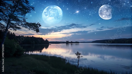 Dual Celestial Bodies Illuminate Tranquil Lake Scene