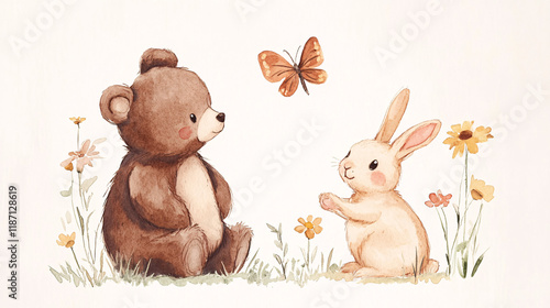 A heartwarming watercolor illustration of a brown bear and a cream rabbit sitting in a flower field watching a butterfly float by

