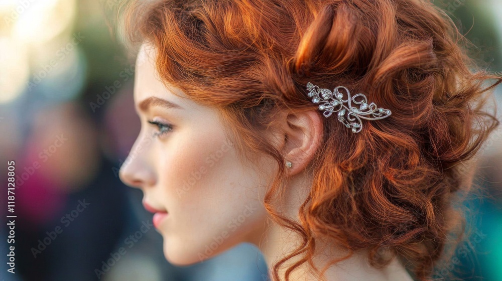 Naklejka premium Redhead Woman with Curly Hair and Delicate Hair Clip