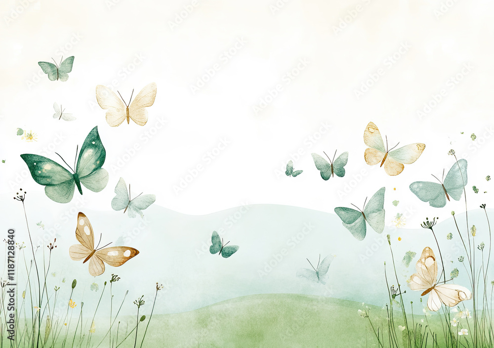 Frühlingshafte Schmetterlings-Illustration – Zarte Wiese mit Schmetterlingen und Textfreiraum