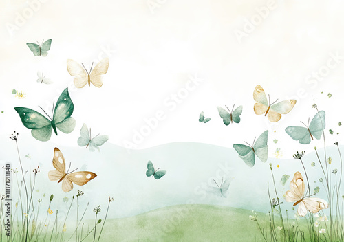 Obraz na płótnie Frühlingshafte Schmetterlings-Illustration – Zarte Wiese mit Schmetterlingen und Textfreiraum