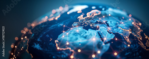Global network on digital Earth globe, world finance telecommunication connectivity, business trading