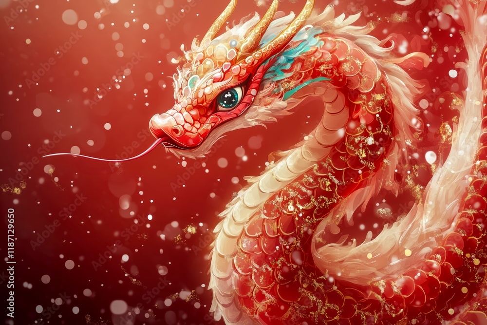 Fototapeta premium A stunning illustration of a red dragon with golden accents and dynamic curves, symbolizing strength and tradition in Chinese culture.