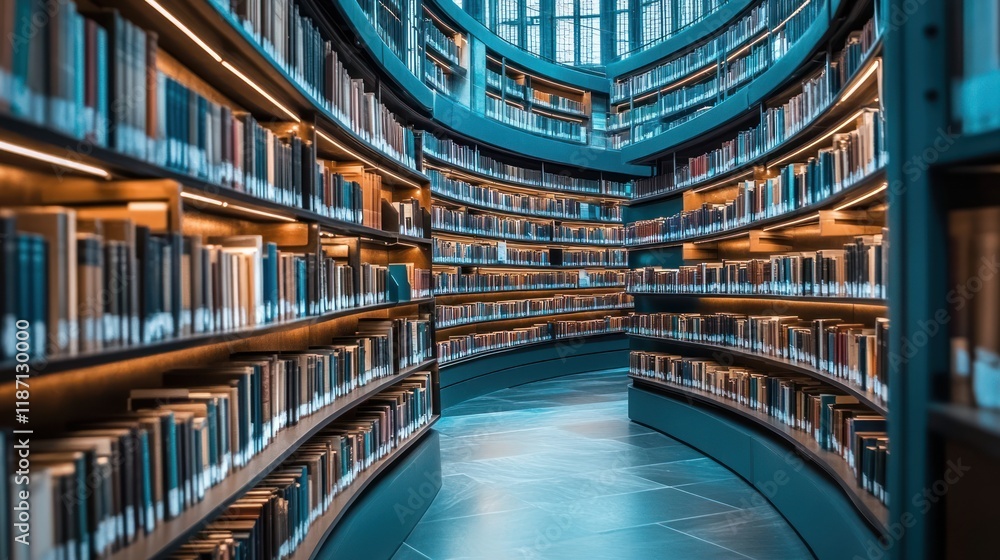 A Curving Library Hallway Filled with Bookshelves A Curving Library Hallway Filled with Bookshelves