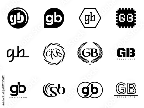 GB logo company template. Letter g and b logotype. Set different classic serif lettering and modern bold text with design elements. Initial font typography.