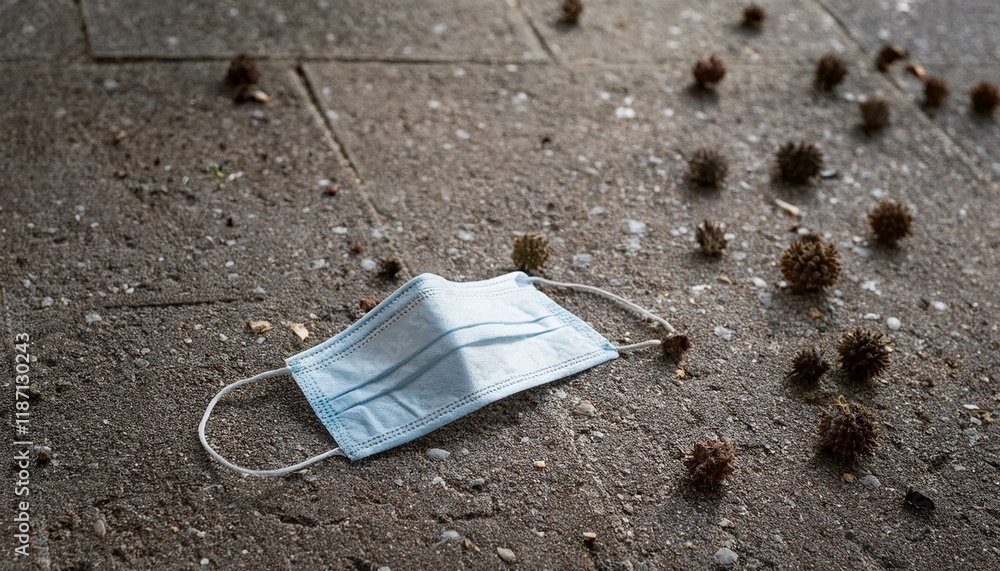 A depiction of an unsafe public place with a mask lying on the ground, scattering infectious particles all around it A depiction of an unsafe public place with a mask lying on the ground, scattering infectious particles all around it