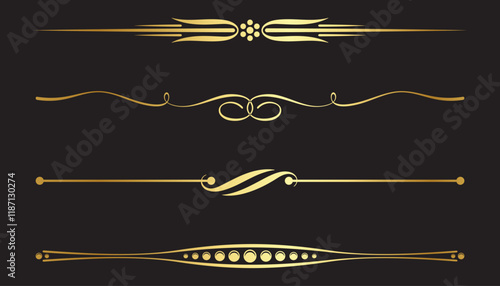 Set of golden text dividers. Vector on black background