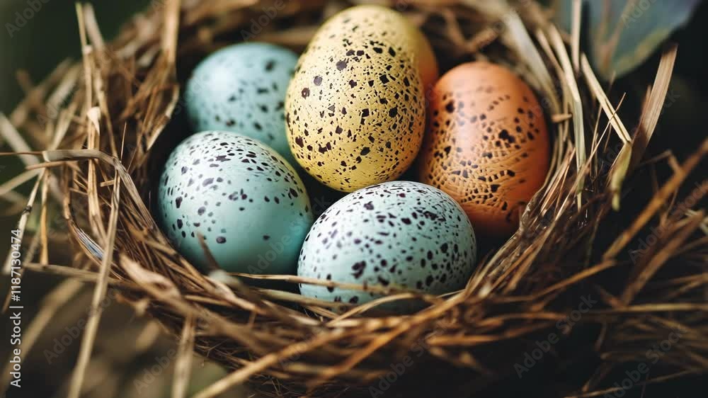 Nest with speckled eggs in pastel colors blue, orange, yellow. Soft straw, rustic feel. Spring, renewal, nature. Easter holiday celebration. New life concept. Сolored quail. Greeting card. Nest with speckled eggs in pastel colors blue, orange, yellow. Soft straw, rustic feel. Spring, renewal, nature. Easter holiday celebration. New life concept. Сolored quail. Greeting card.