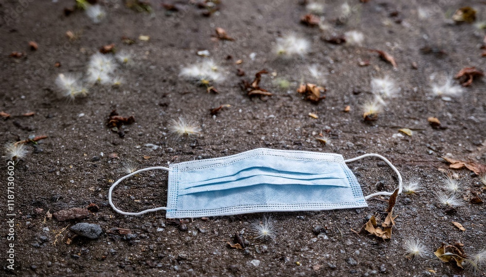 A depiction of an unsafe public place with a mask lying on the ground, scattering infectious particles all around it A depiction of an unsafe public place with a mask lying on the ground, scattering infectious particles all around it