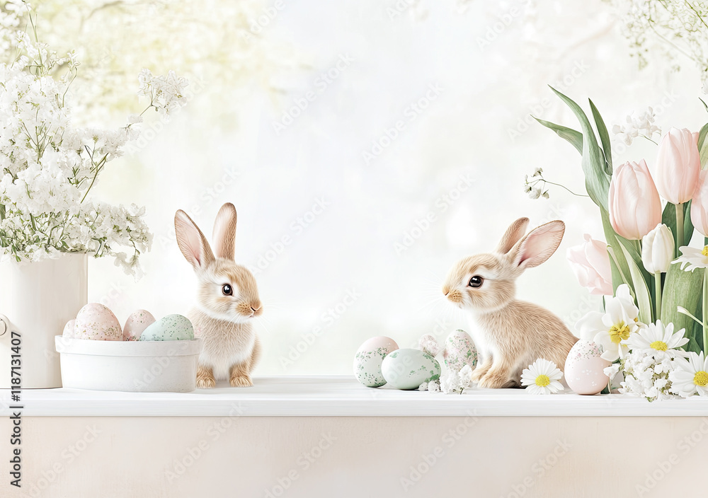 Oster-Illustration mit Textfreiraum – Zarte Frühlingsdesigns mit Eiern, Blumen und Häschen