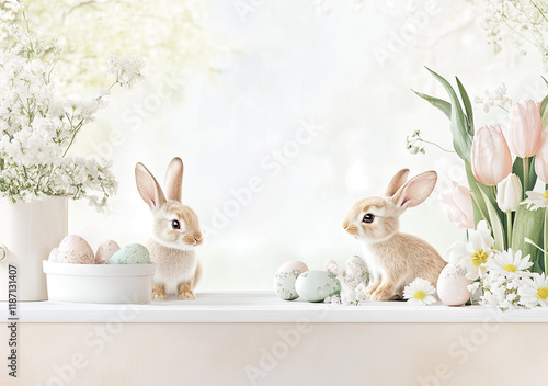 Obraz na płótnie Oster-Illustration mit Textfreiraum – Zarte Frühlingsdesigns mit Eiern, Blumen und Häschen w salonie