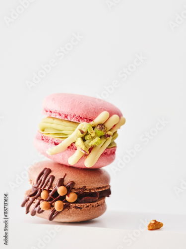 Delicious Modern Macarons With Vibrant Colors and Unique Fillings Stacked on a Clean White Background photo