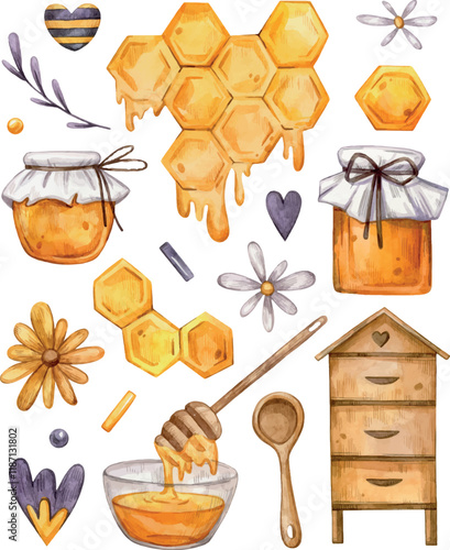 Watercolor hand painted Honey set. Illustration isolated on white background. Honey, honeycomb, beehive, bee. Use it for postcards, invitations, and scrapbooking.