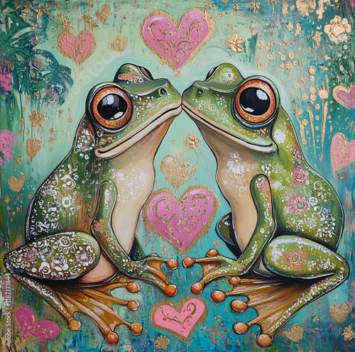 Whimsical painting of two frogs with vibrant hearts and blooming flowers, bright and playful design that evokes romance and joy photo