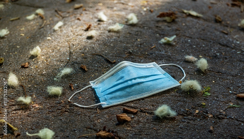 A depiction of an unsafe public place with a mask lying on the ground, scattering infectious particles all around it A depiction of an unsafe public place with a mask lying on the ground, scattering infectious particles all around it