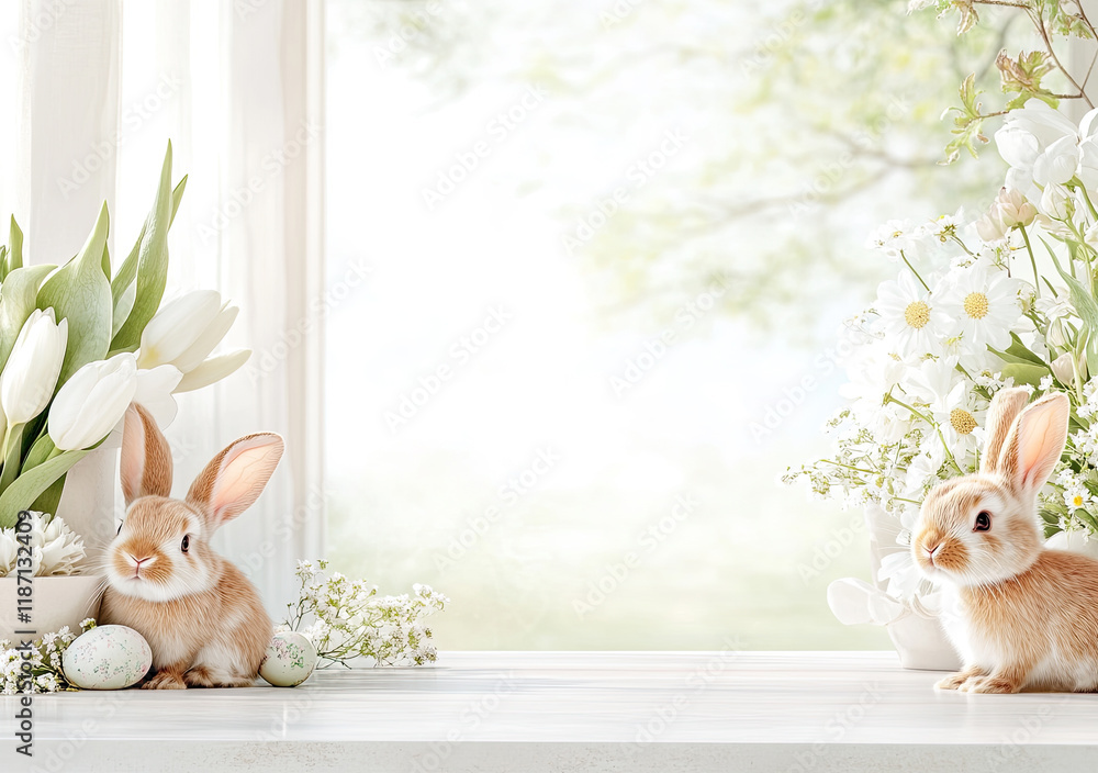 Oster-Illustration mit Textfreiraum – Zarte Frühlingsdesigns mit Eiern, Blumen und Häschen