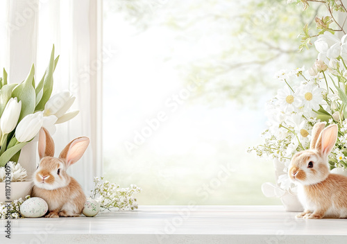 Obraz na płótnie Oster-Illustration mit Textfreiraum – Zarte Frühlingsdesigns mit Eiern, Blumen und Häschen w salonie