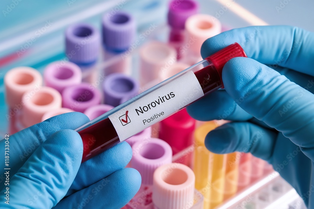 Gloved hands holding a positive norovirus test tube amidst other samples, highlighting the contagious nature of this virus. Gloved hands holding a positive norovirus test tube amidst other samples, highlighting the contagious nature of this virus.