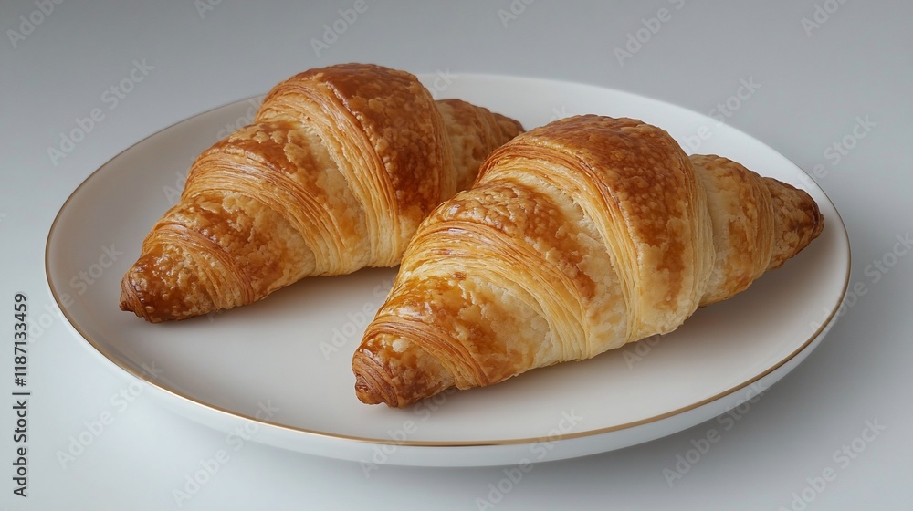 Two golden-brown croissants on a white plate. Two golden-brown croissants on a white plate.