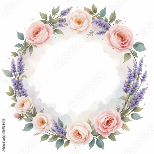 Wallpaper Mural Delicate Pastel Watercolor Floral Frame with Roses, Peonies, and Lavender Torontodigital.ca