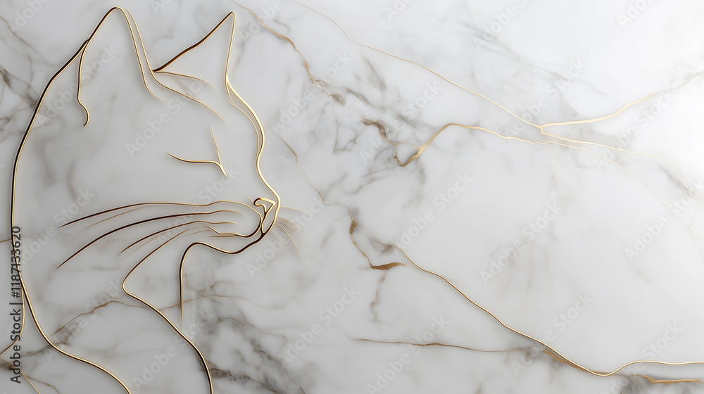 Fototapeta premium Minimalist depiction of a cats silhouette in smooth gold lines , marble background, modern, minimalist design