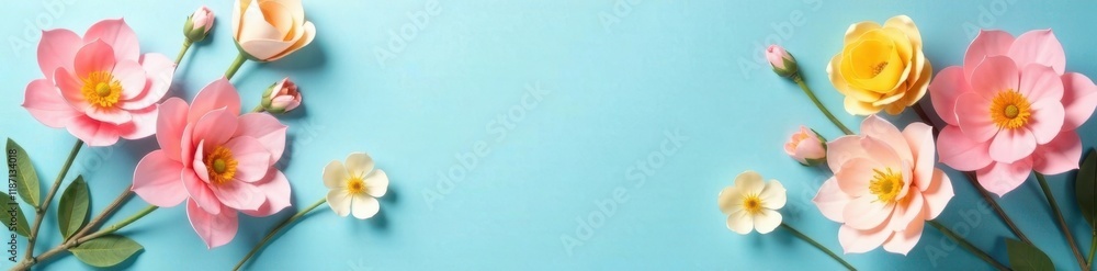 Delicate pink and yellow paper flowers on light blue background with empty space in center, handmade, flowers Delicate pink and yellow paper flowers on light blue background with empty space in center, handmade, flowers