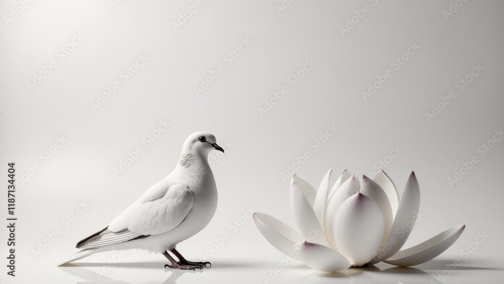 Fototapeta premium Buddhism, Principles of non-violence and compassion,Minimalist photo of a dove and a lotus isolated on a monochromatic studio background, minimalist aesthetics.